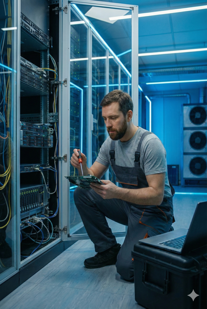 Technicien réalisant la maintenance informatique d'un serveur